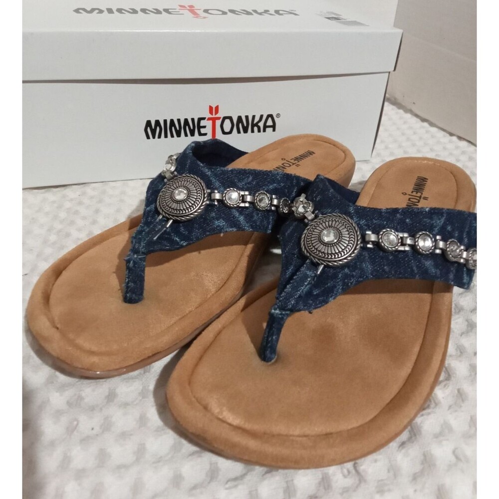 Minnetonka  Silverthorne 360 Thong Sandal Size 10 Blue Denim Flip Flops Shoes